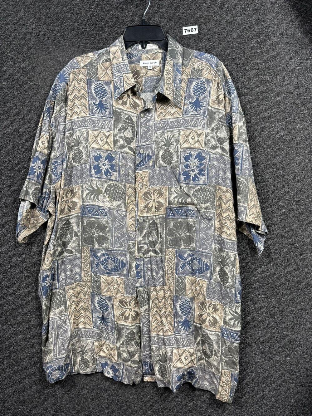 Pierre Cardin Shirt Mens 2XL Gray Hawaiian Tropical Print Button Up Big Tall